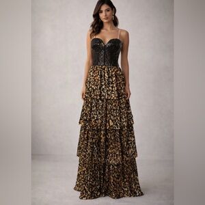 New Dress The Population Black Sequin Bustier Leopard Print Tiered Maxi Dress S